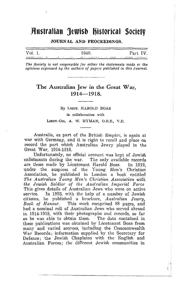 The Australian Jew in the Great War, 1914-1918