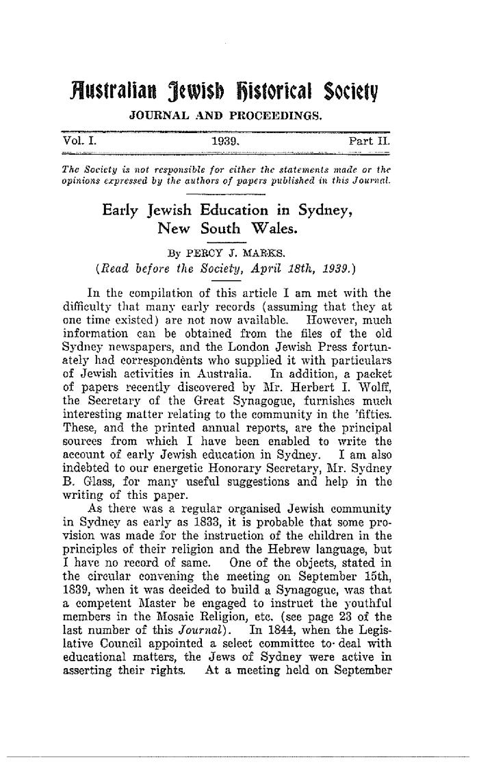 Early Jewish education in Sydney, New South Wales