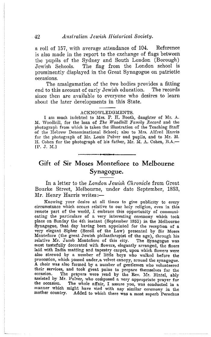 Gift of Sir Moses Montefiore to Melbourne Synagogue