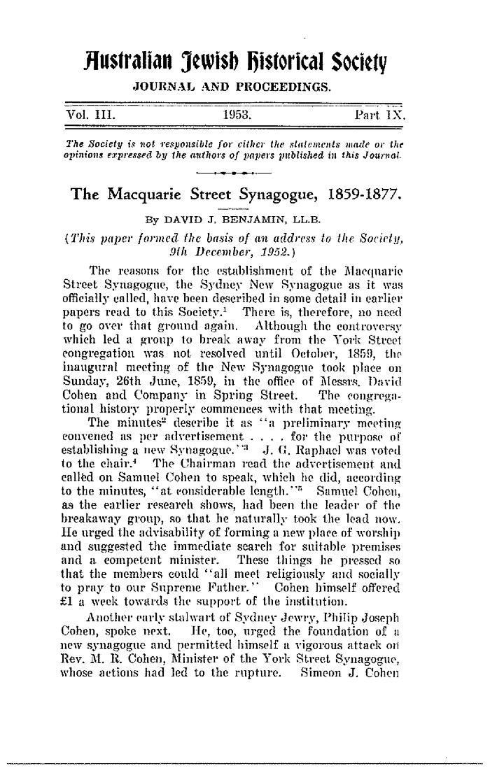 The Macquarie Street synagogue, 1859-1877