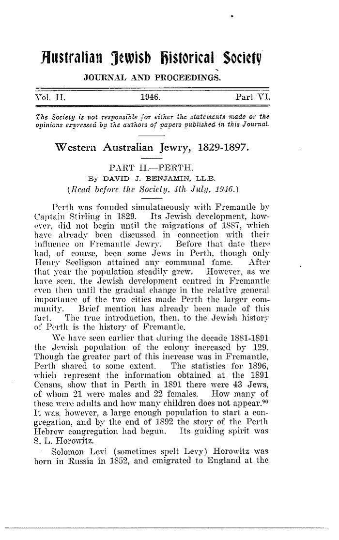 Western Australian Jewry 1829-1897 Part 2 Perth