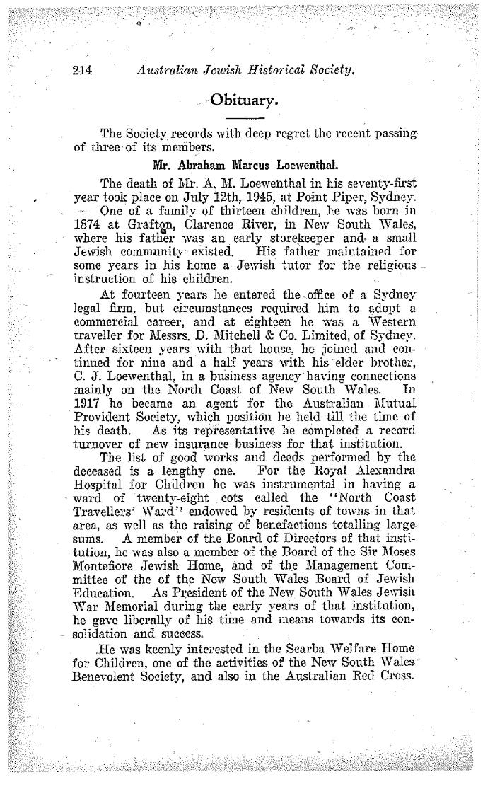 Obituary: Mr. Abraham Marcus Loewnthal, Mrs. Henrietta Alma Packer, and Mr. Norman Phillip Joseph