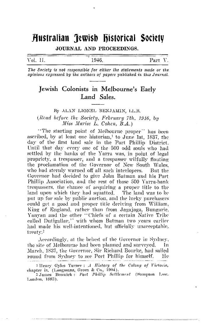 Jewish colonists in Melbourne's early land sales