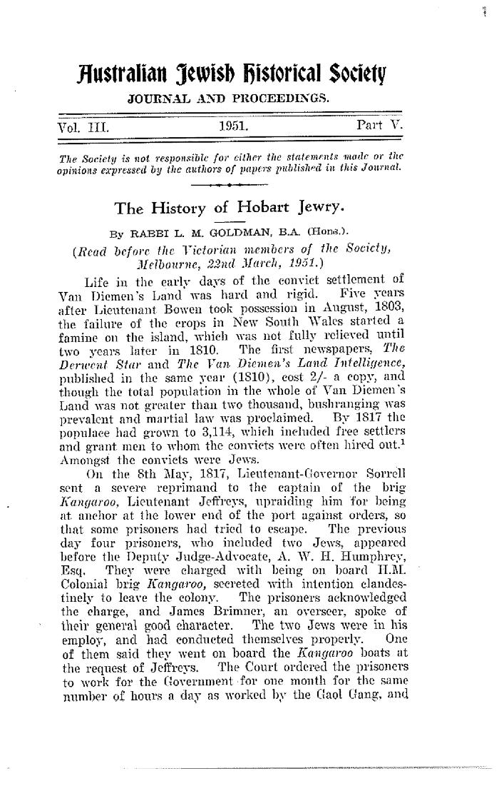 The history of Hobart Jewry