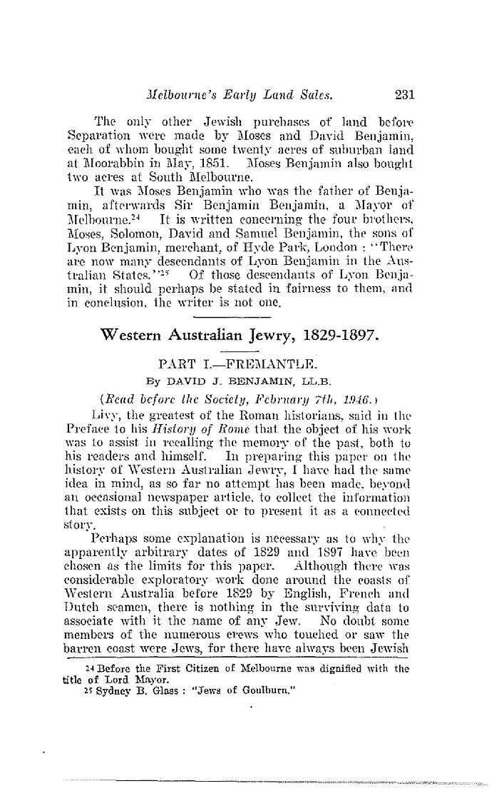 Western Australian Jewry 1829-1897 Part 1 Fremantle