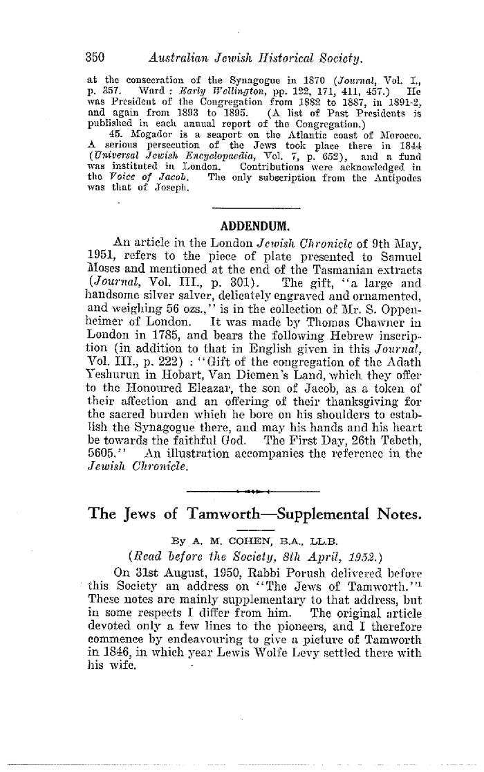 The Jews of Tamworth-supplemental notes