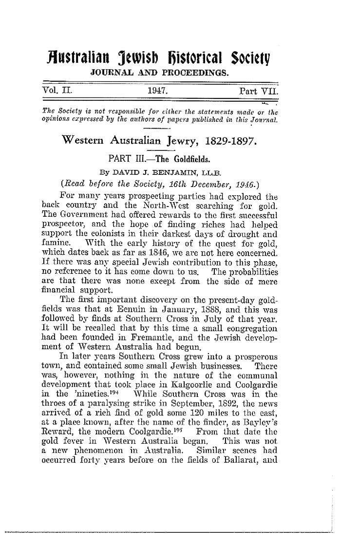 Western Australian Jewry 1829-1897 Part 3 The goldfields