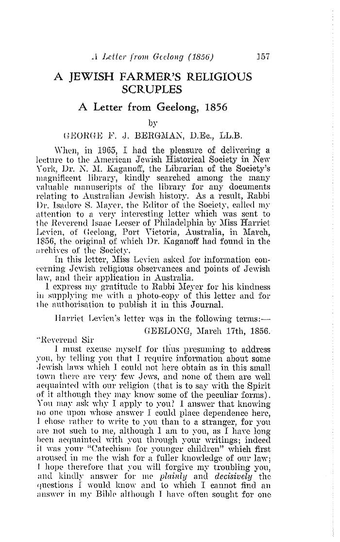 A letter from Geelong. From Harriet Levien to Rev Isaac Lesser