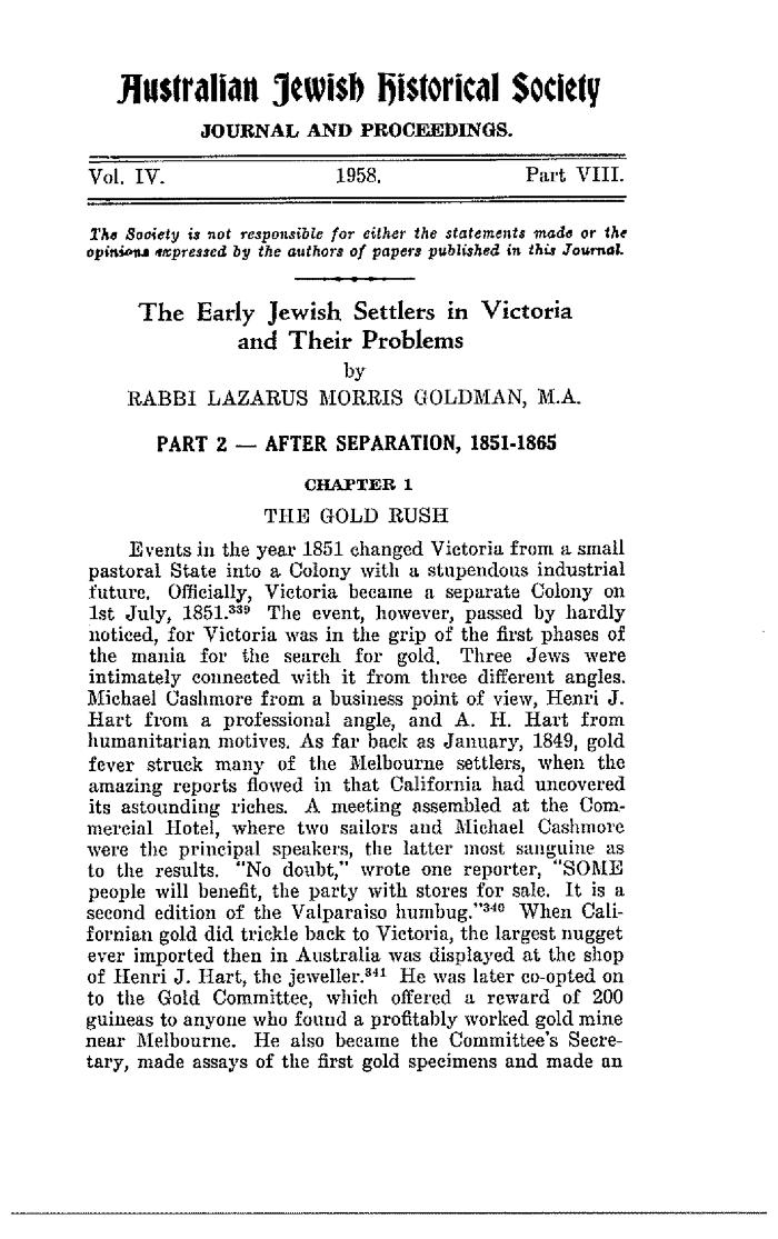 The early Jewish settlers in Victoria and their problems. Part 2