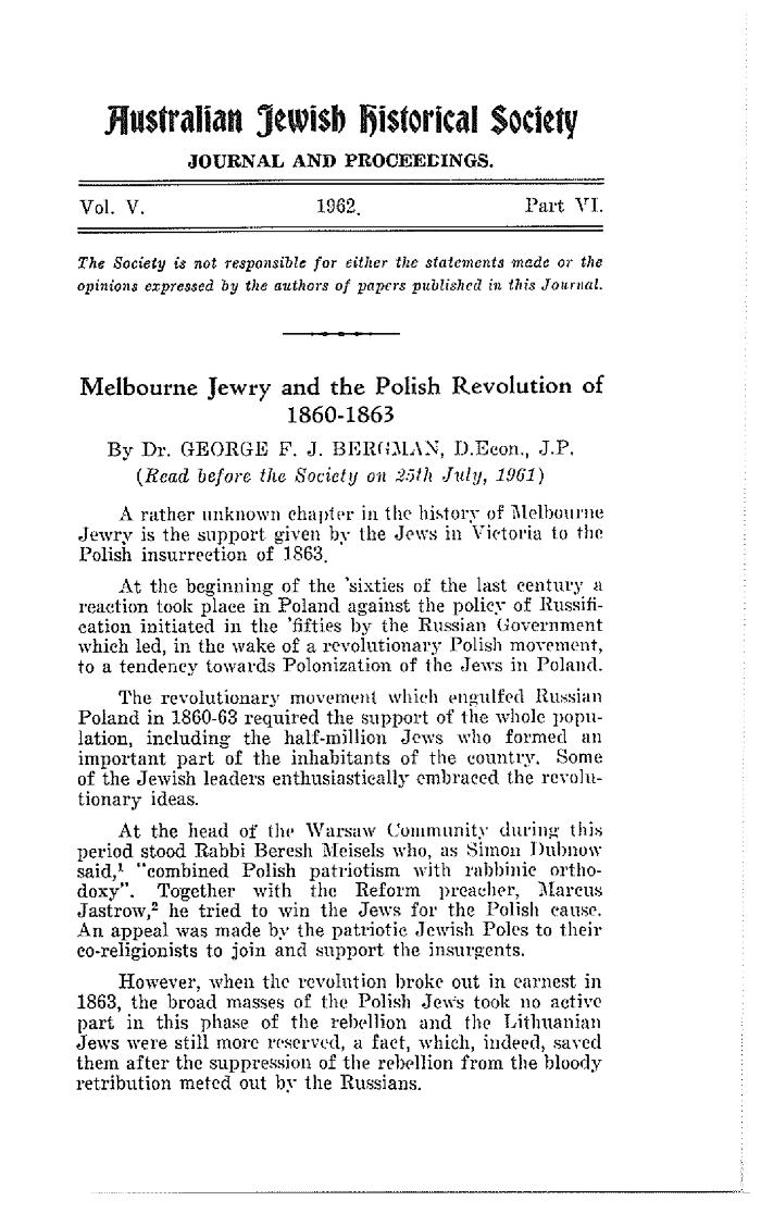 Melbourne Jewry and the Polish Revolution of 1860-1863