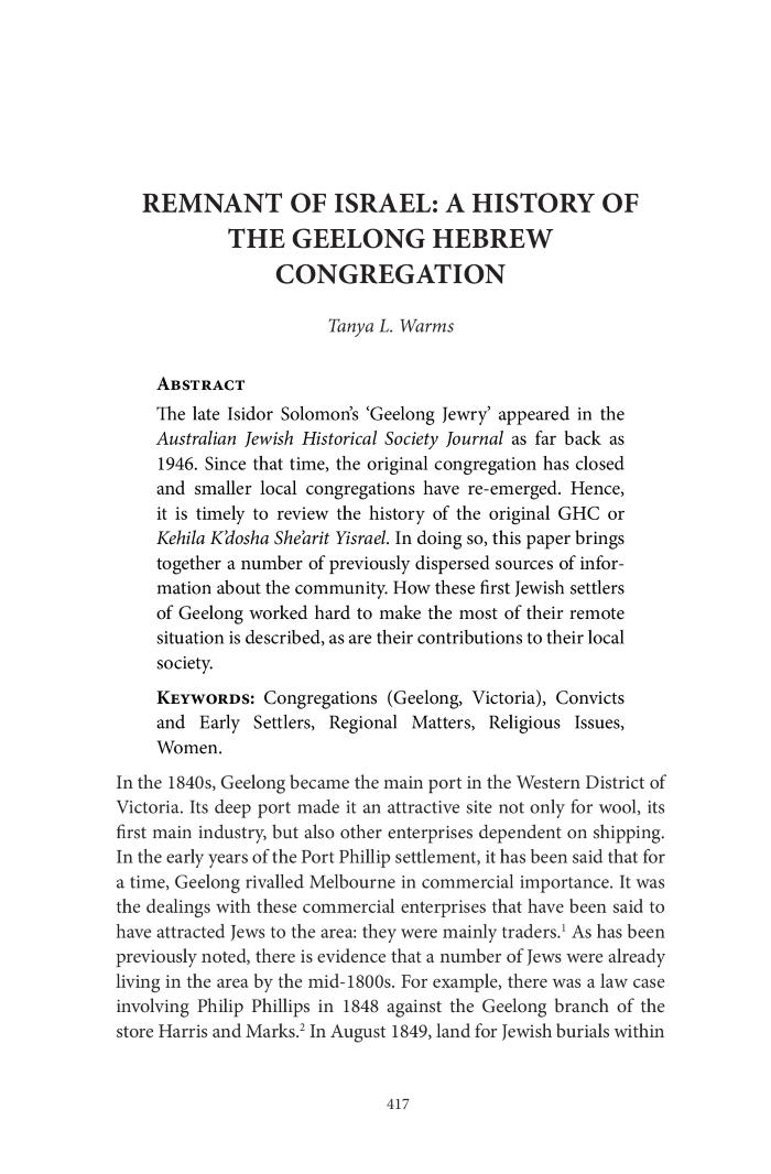 Remnant of Israel: A history of the Geelong Hebrew Congregation