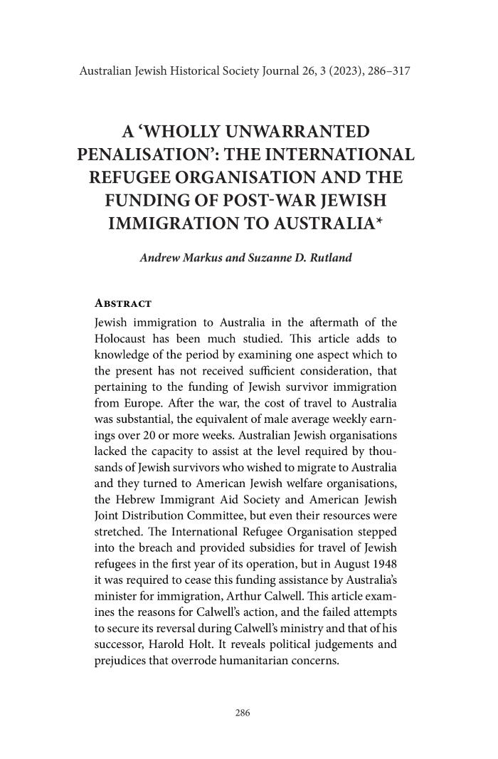 A ‘Wholly Unwarranted Penalisation’: The International Refugee Organisation and the funding of post-war Jewish immigration to Australia