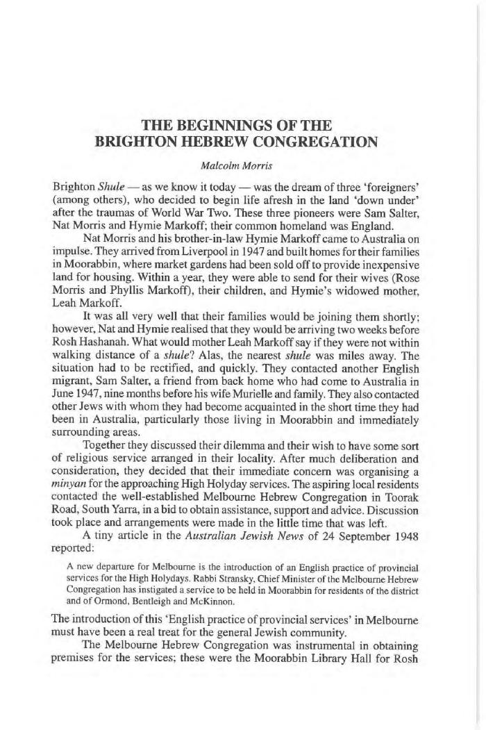 The beginnings of the Brighton Hebrew Congregation