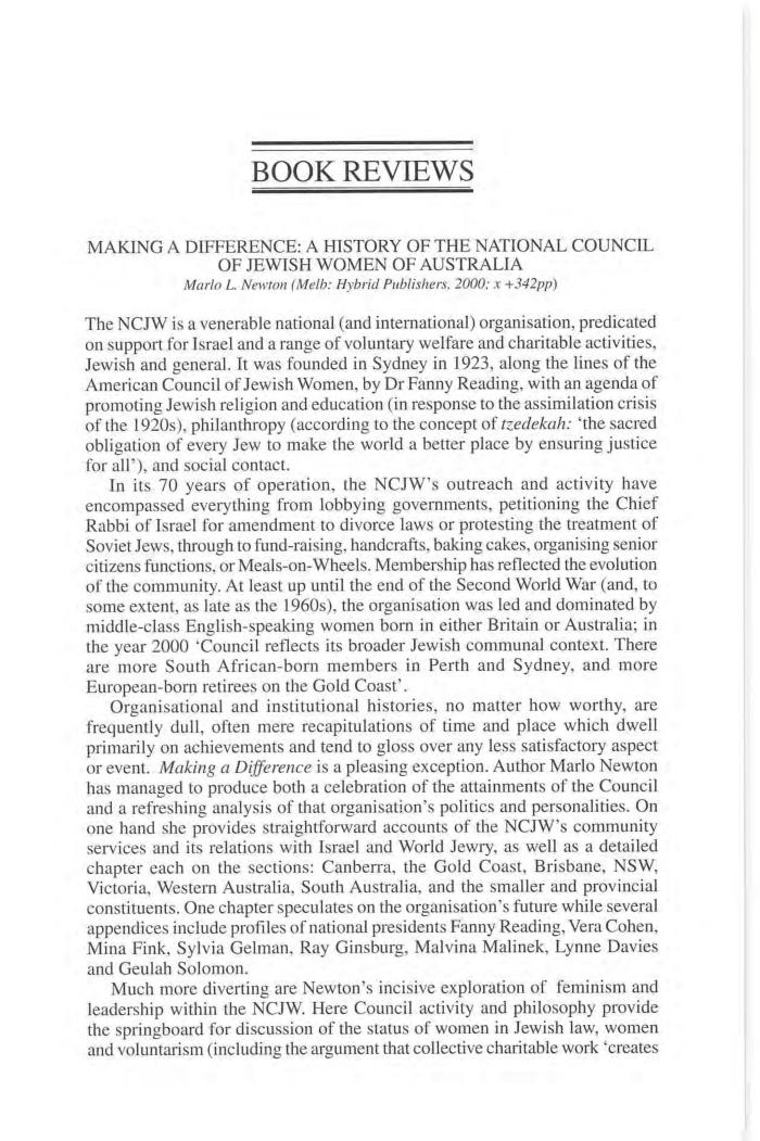 Making a Difference. A History of the National Council of Jewish Women of Australia