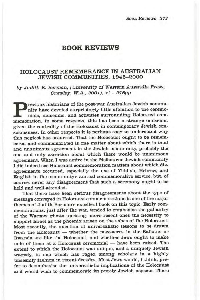 Holocast Remembrance in Australian Jewish Communities 1945-2000