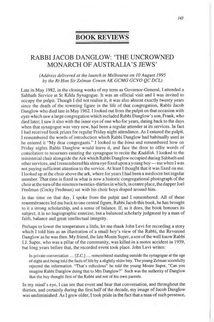 Rabbi Jacob Danglow. "The Uncrowned Monarch of Australia's Jews"