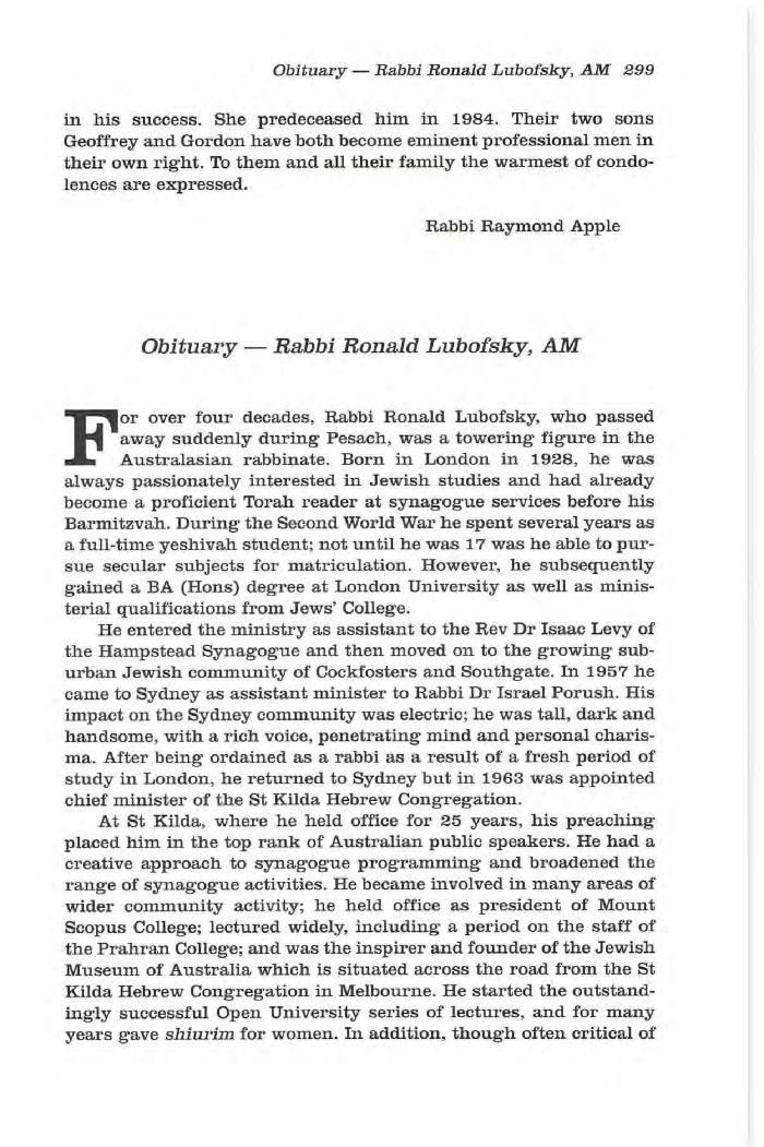 Obituary - Rabbi Ronald Lubofsky, AM