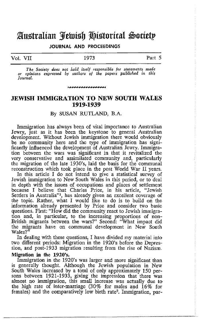 Jewish immigration to NSW, 1919-1939