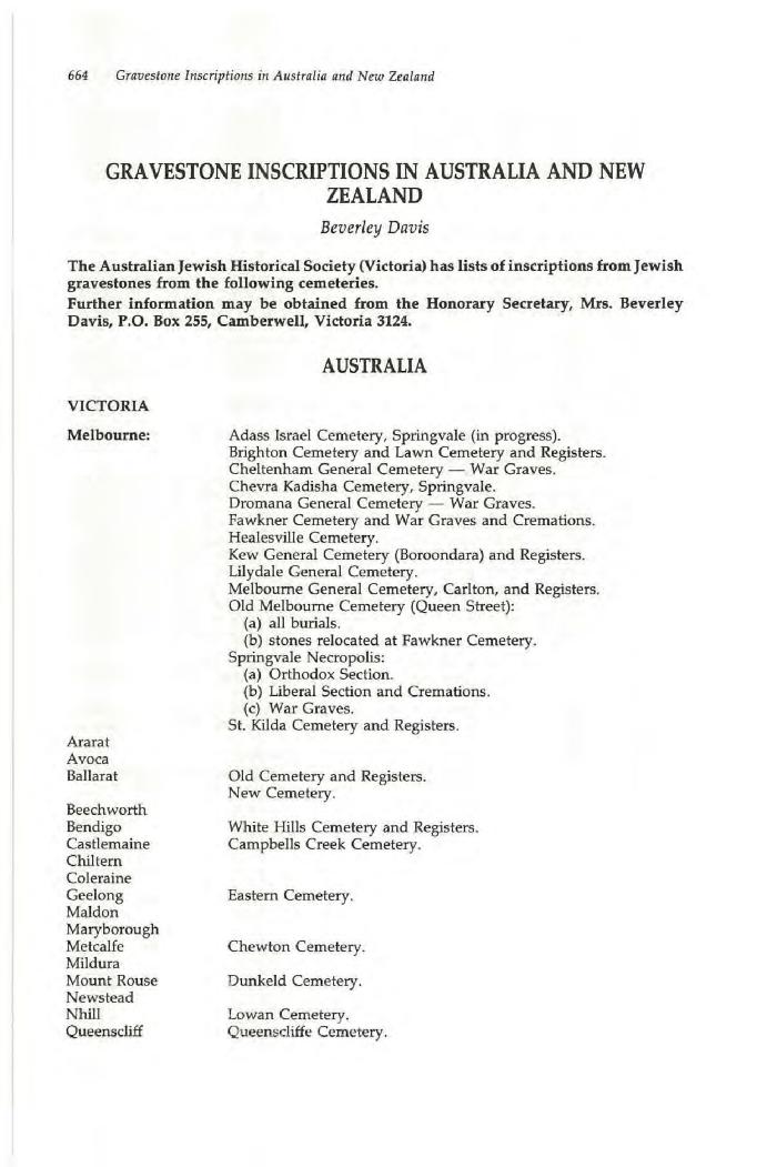 Gravestone inscriptions in Australia and NZ. An index held by the Australian Jewish Historical Society