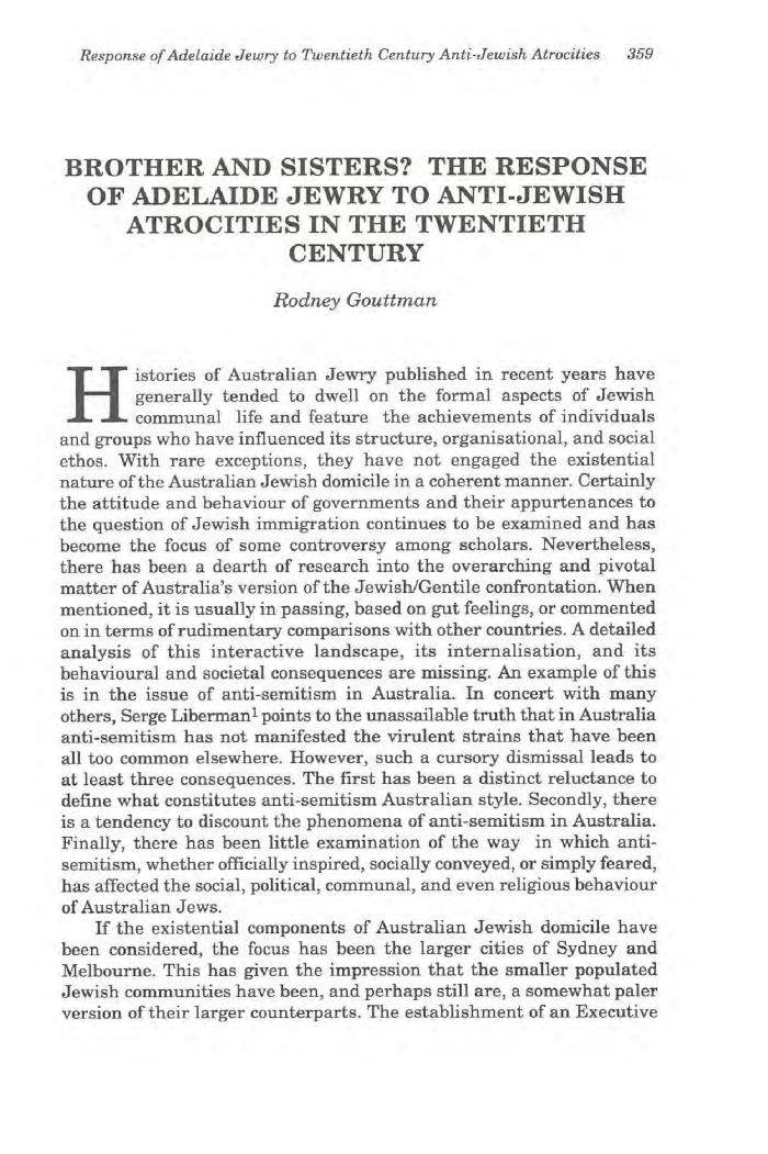 Brothers and sisters: the response of Adelaide Jewry to anti-Jewish atrocities in the first half of the 20th century