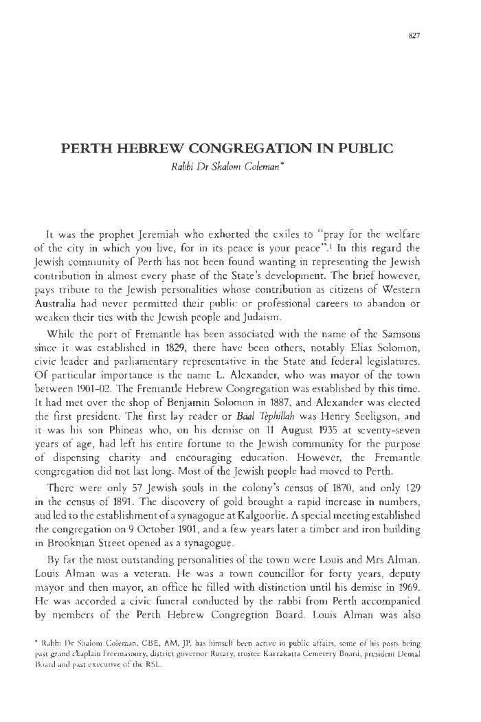 The Perth Hebrew Congregation in Public, and Beyond 2000