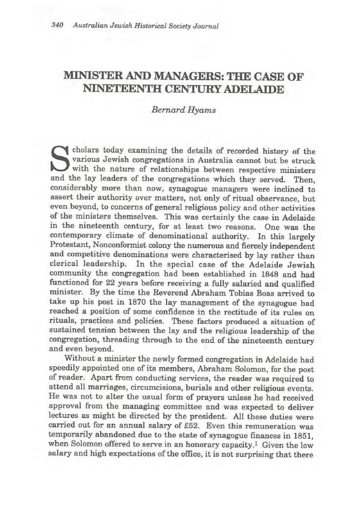 Minister and managers: the case of nineteenth century Adelaide