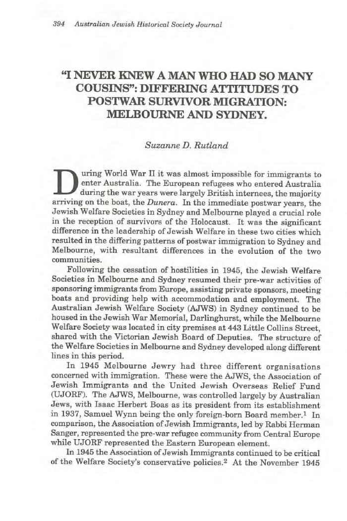 'I never knew a man who had so many cousins': differing attitudes to postwar survivor migration: Melbourne and Sydney