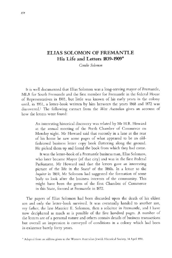 Elias Solomon of Fremantle: his life and letters