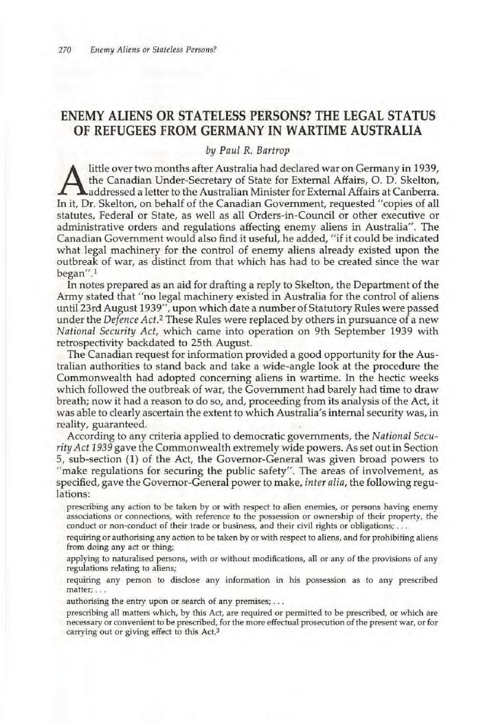 Enemy aliens or stateless persons? The legal status of refugees from Germany in wartime Australia