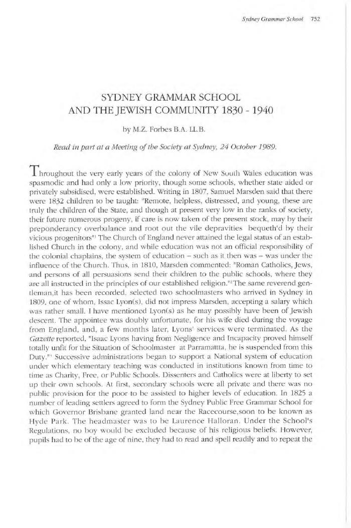 Sydney Grammar School and the Jewish community 1830-1940