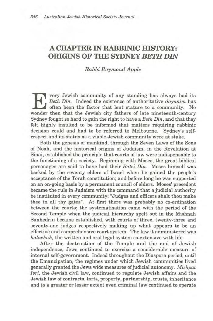 A chapter in Rabbinic history: origins of the Sydney Beth Din