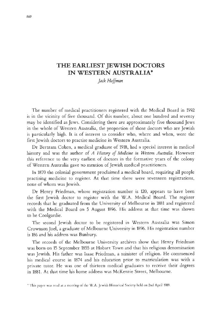 The earliest Jewish doctors in Western Australia