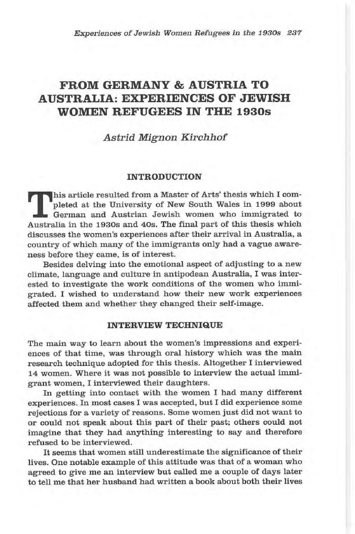 From Germany and Austria to Australia: experiences of Jewish women refugees in the 1930s
