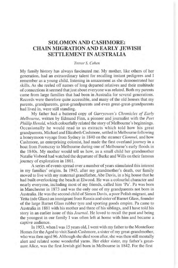 Solomon and Cashmore: chain migration and early Jewish settlement in Australia