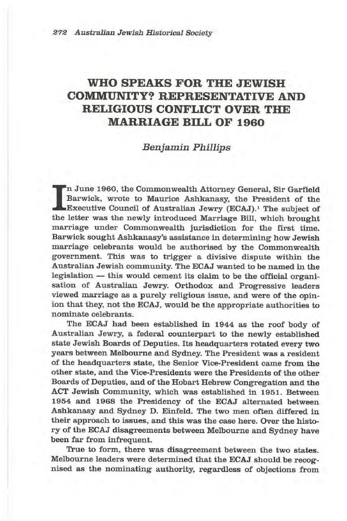 Who speaks for the Jewish community? Representative and religious conflict over the Marriage Bill of 1960