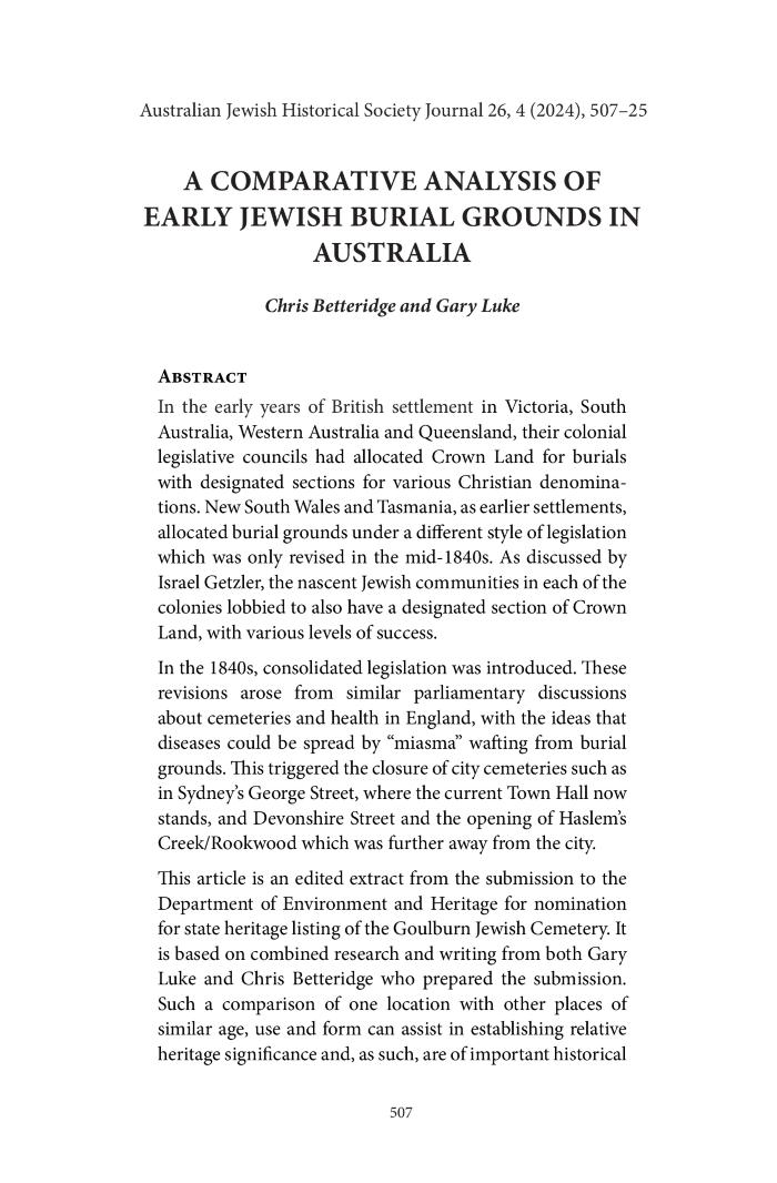 A comparative analysis of early Jewish burial grounds in Australia