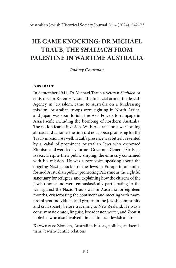 He came knocking: Dr Michael Traub, the Shaliach from Palestine in wartime Australia