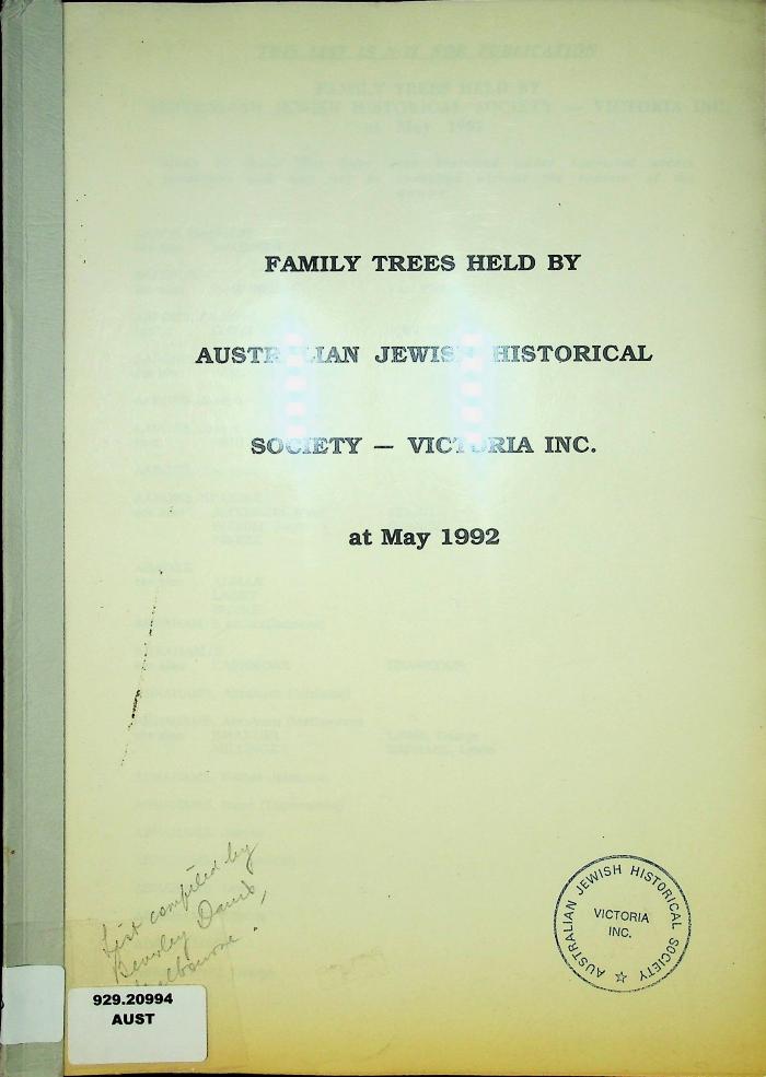 Family Trees Held by Australia Jewish Historical Society Victoria