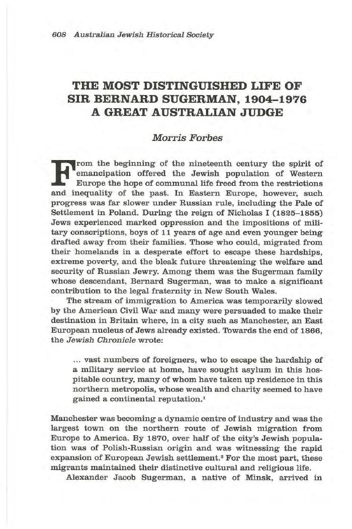 The most distinguished life of Sir Bernard Sugerman, 1904-1976: a great Australian judge