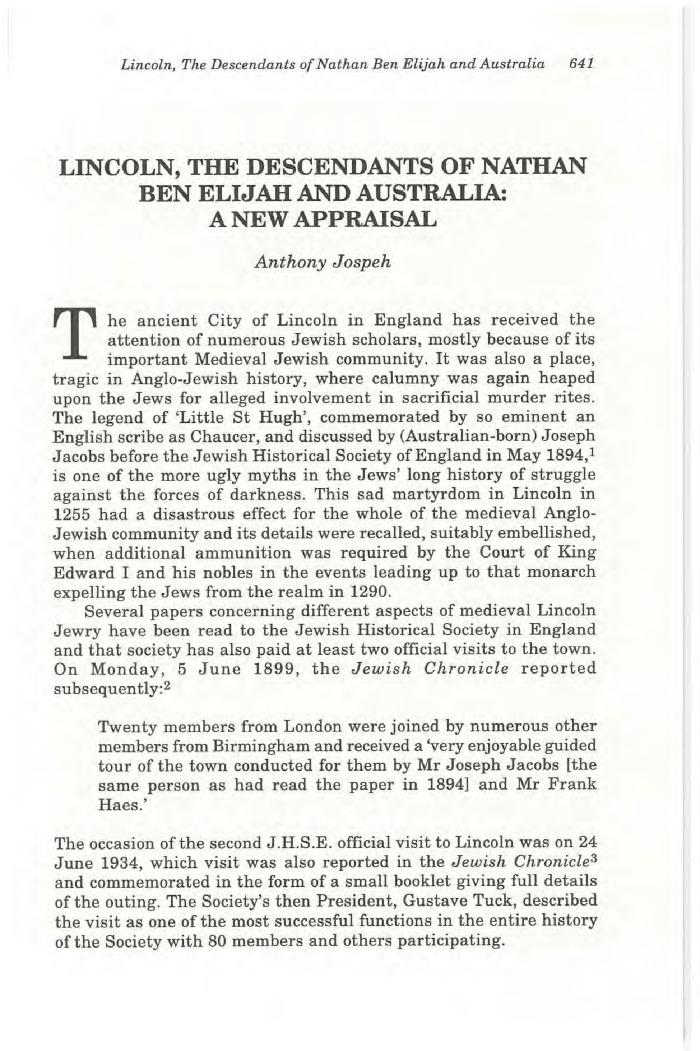 Lincoln, the descendants of Nathan Ben Elijah and Australia: a new appraisal