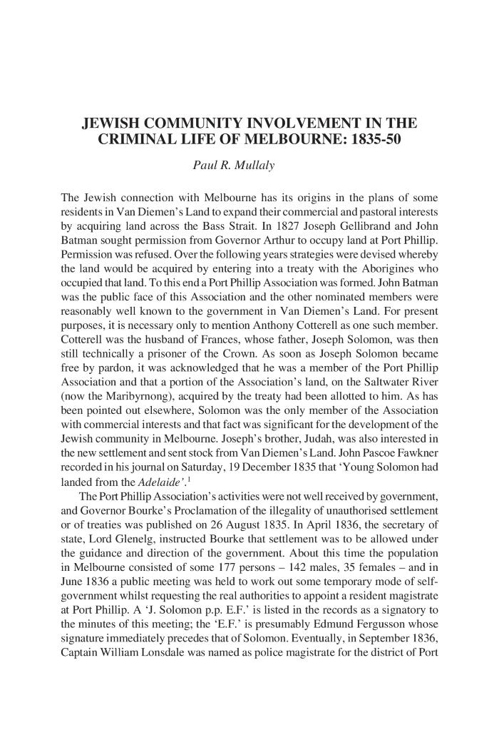 Jewish community involvement in the criminal life of Melbourne: 1835-1850