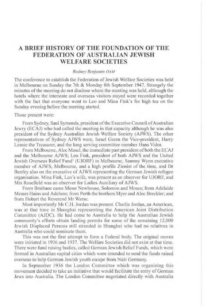 A brief history of the foundation of the Federation of Australian Jewish Welfare Societies