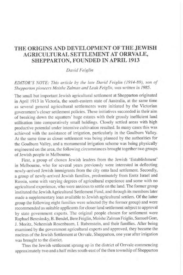 The origins and development of the Jewish agricultural settlement at Orrvale, Shepparton, founded in April 1913