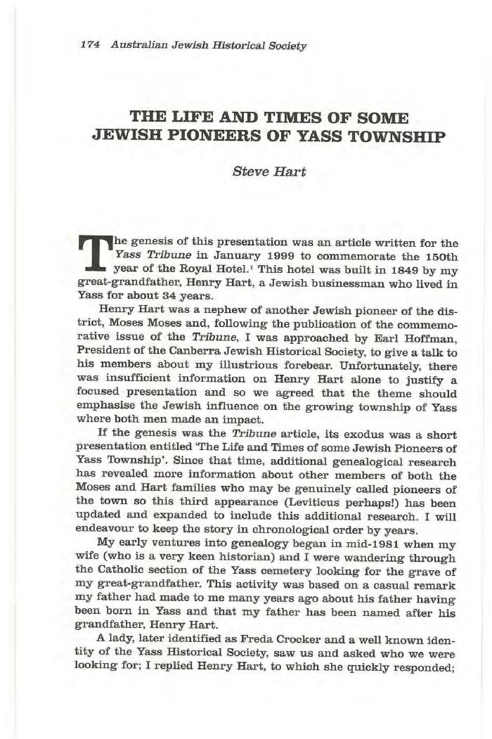 The life and times of some Jewish pioneers of Yass township