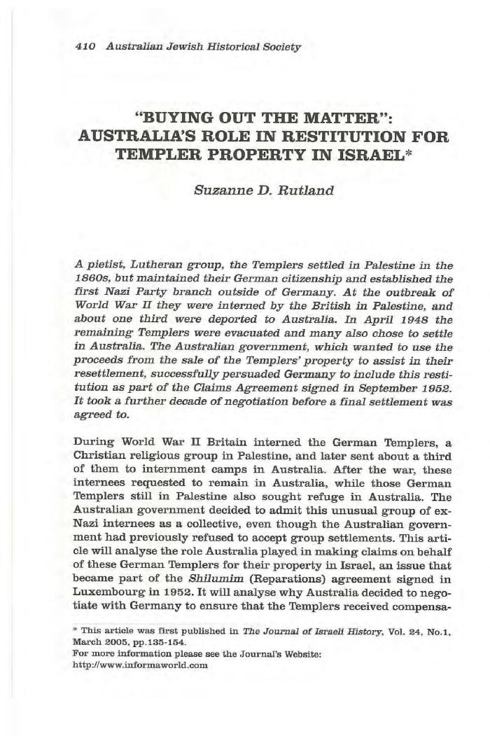 Australia's role in the Restitution for Templer Property in Israel