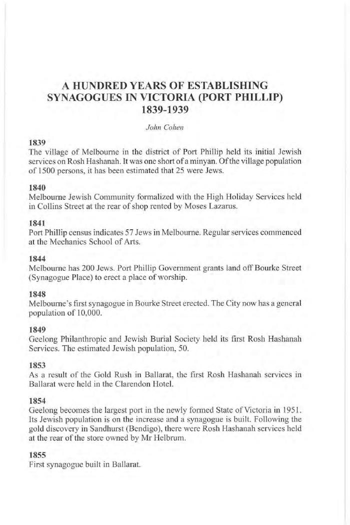 A hundred years of establishing synagogues in Victoria (Port Phillip) 1939-1939