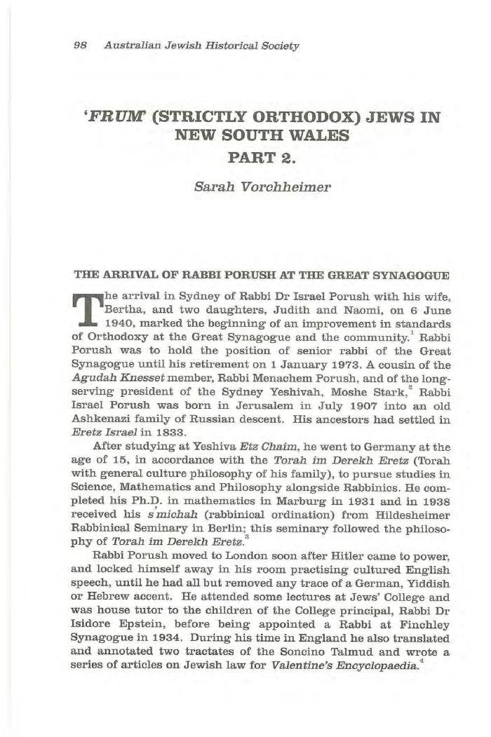 An outline of the history of 'Frum' Jews in NSW, parts I and II