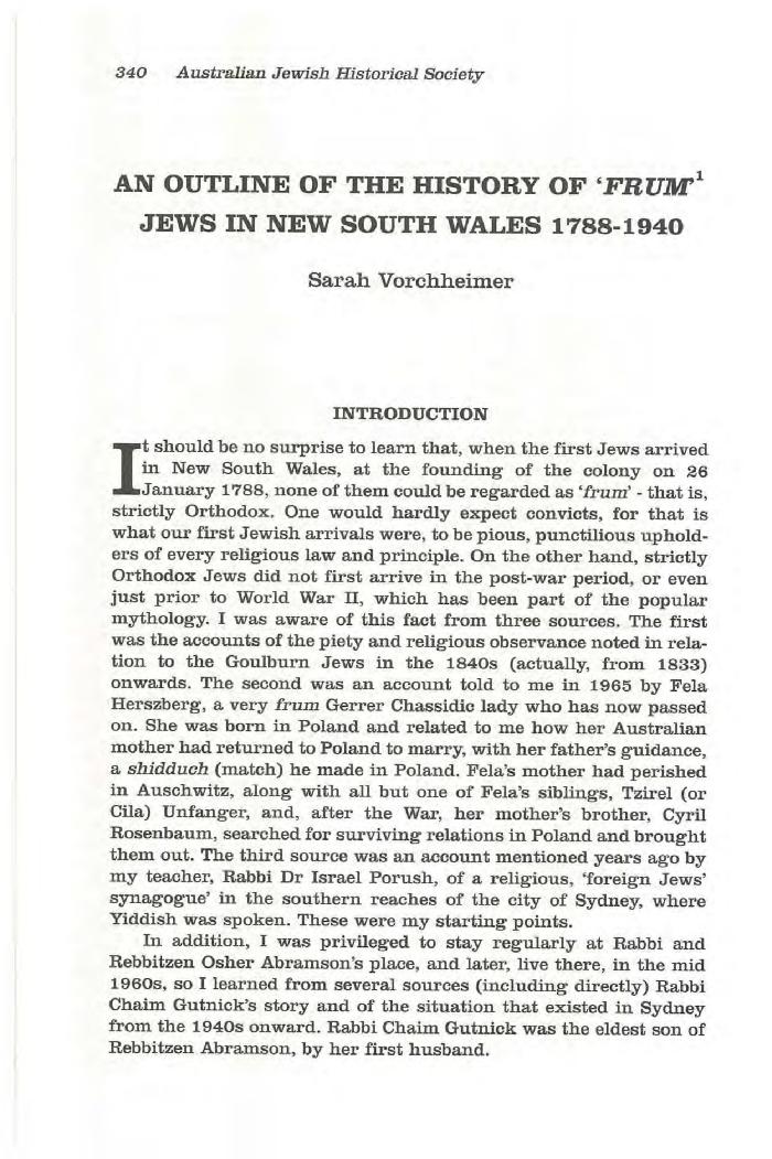 An outline of the history of 'Frum' Jews in NSW, parts I and II