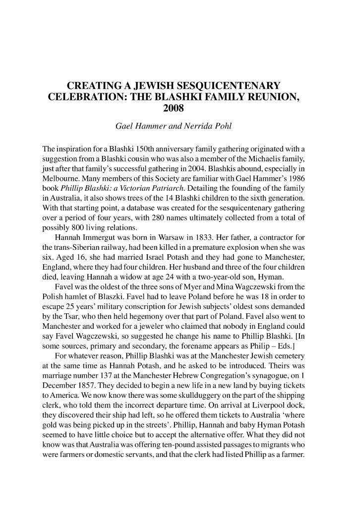 Creating a Jewish sesquicentenary celebration: the Blashki family reunion, 2008