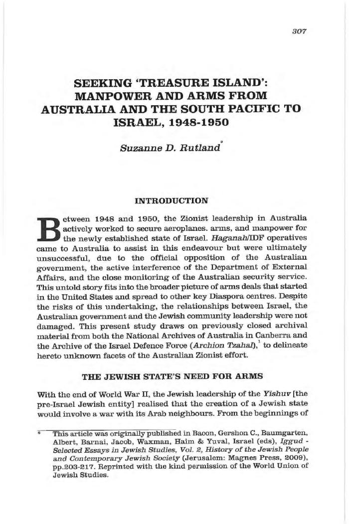 Seeking 'Treasure Island': manpower and arms from Australia and the South Pacific to Israel, 1948-1950